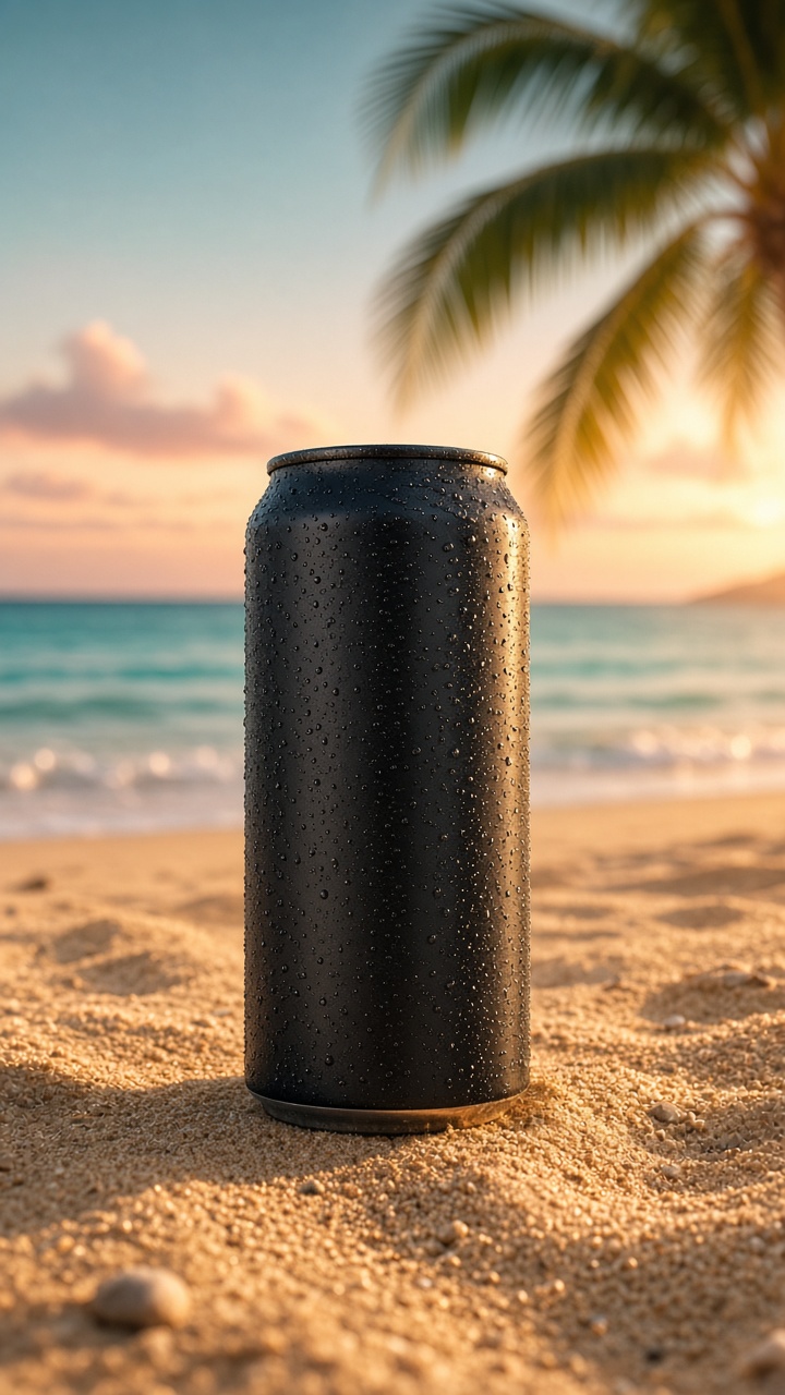 Cold brew can on a beach, generated by Grok Image 2.0 at Low quality