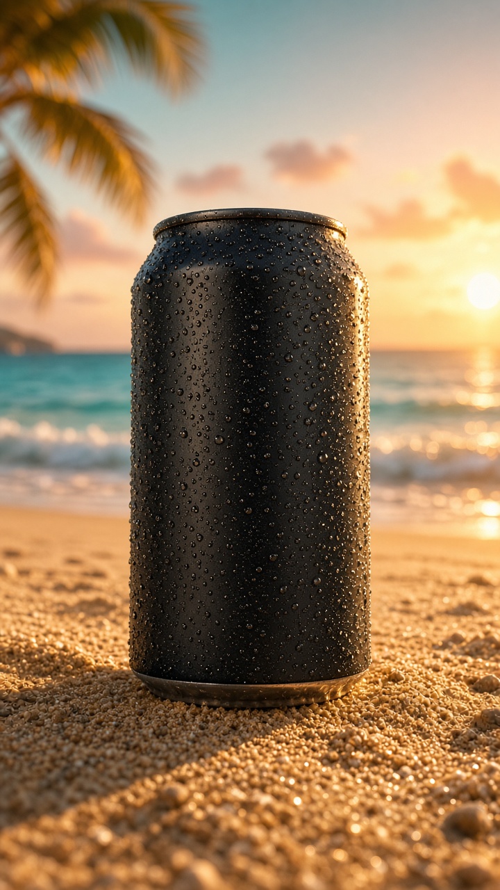 Cold brew can on a beach, generated by Grok Image 2.0 at Medium quality