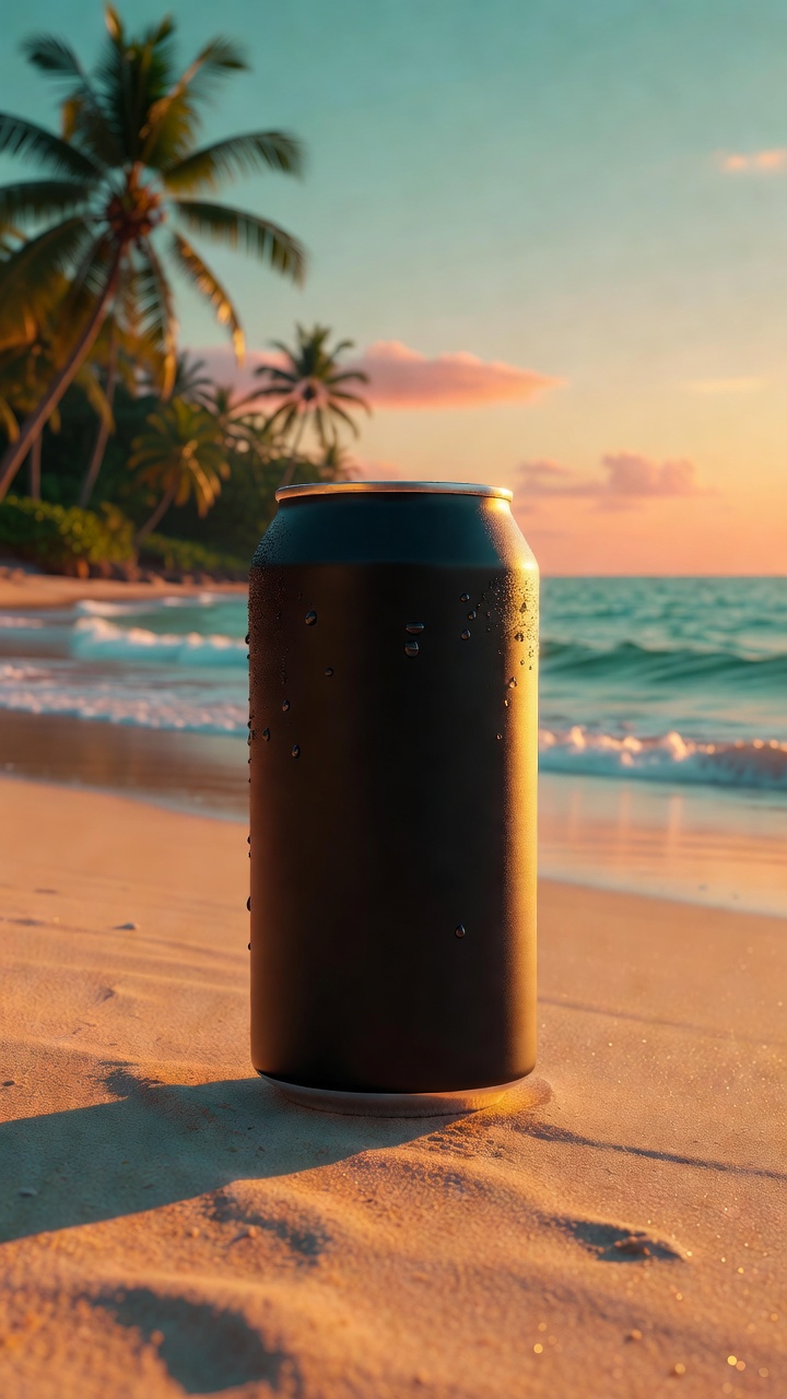 Cold brew can on a beach, generated by Grok Image